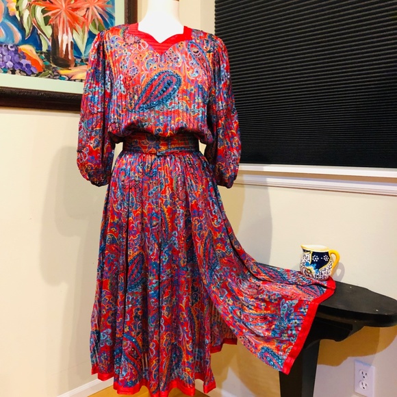 Diane Freis Red Holiday Dress Paisley Rich Gypsy Bohemian Style -Xmas OSFM - Picture 2 of 13
